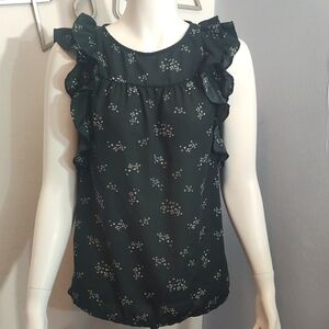 LOFT Black and White Ruffled Sleeveless Blouse.  The Back Is Stretching